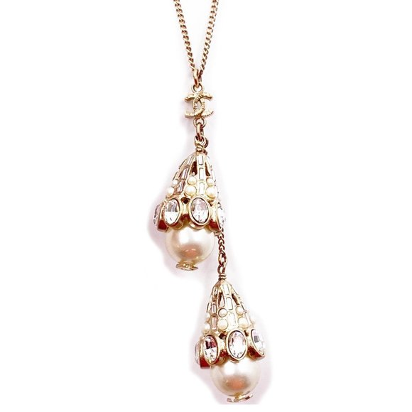 Chanel Rare Gold CC  Crystal Pearl Tear Drops Necklace - Picture 1 of 5